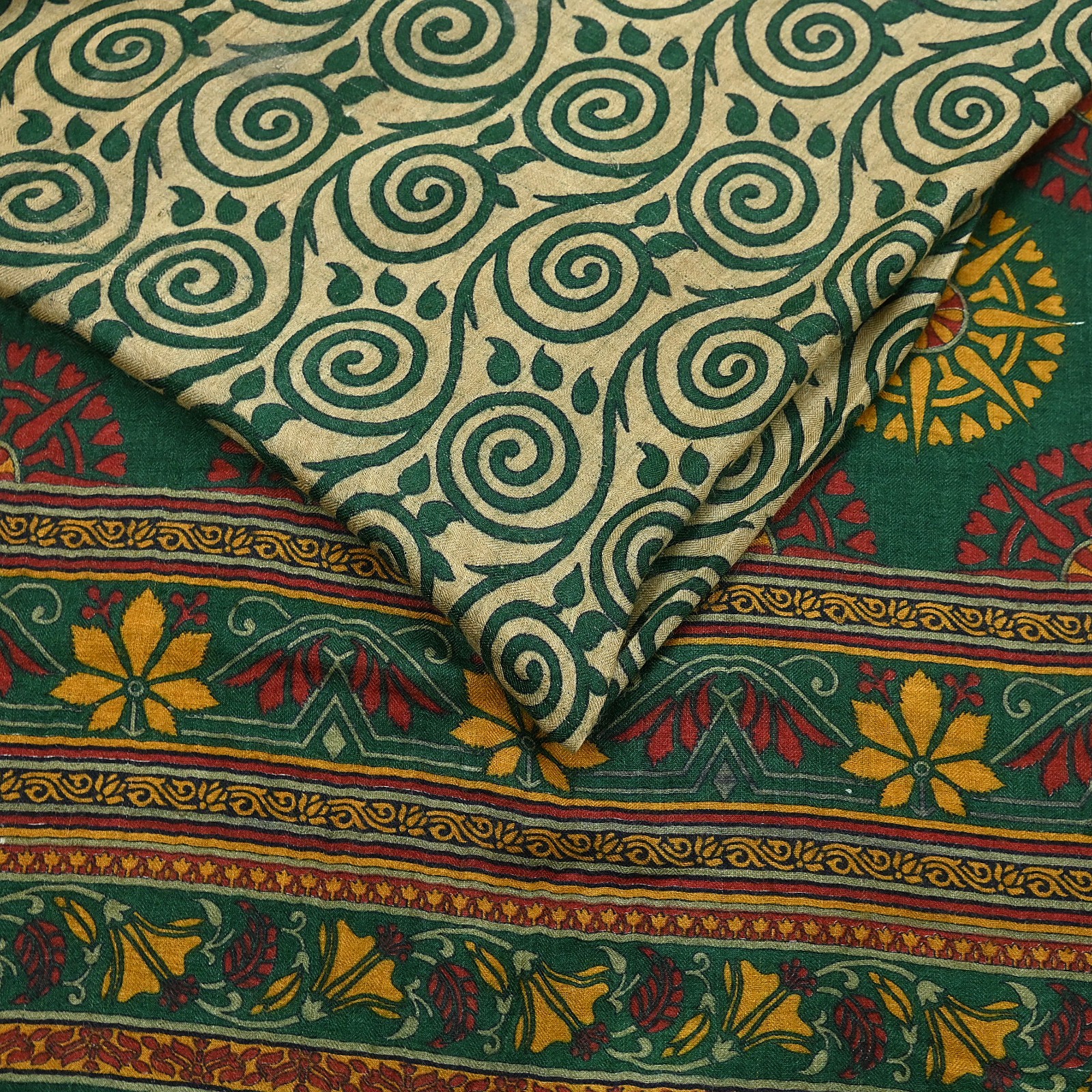 Vintage Beige Green Wool Saree Indian Pure Wool Floral Woven Fabric 6 Yard Soft