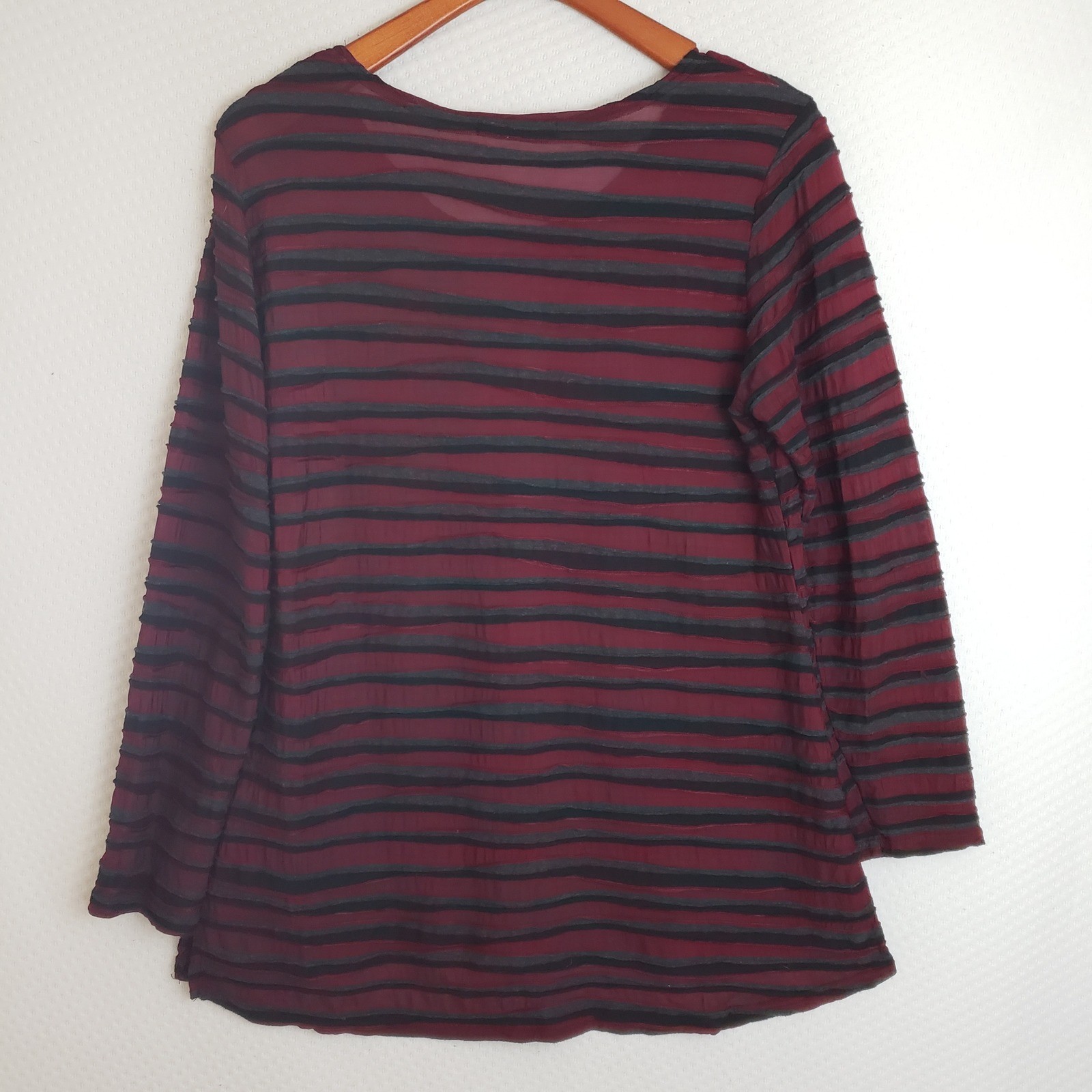 Cut Loose Womens Tunic Top Burgundy Gray Striped LS Textured Sz M semi-sheer