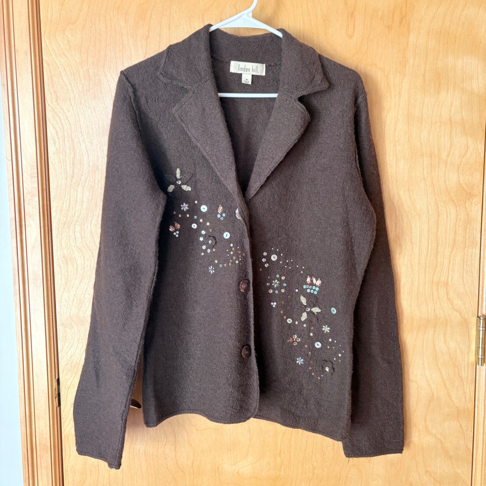 Linden Hill Cardigan Sweater Womens Medium Brown 100% Wool Embroidered Sequin