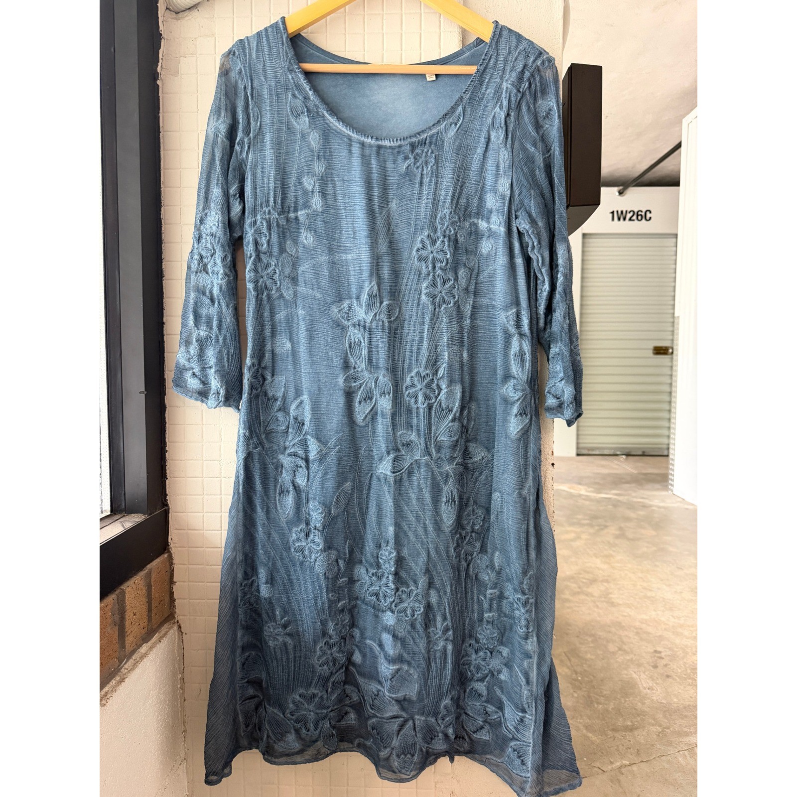 Soft Surroundings Blue Silk Floral Embroidered 3/4 Sleeve Lined Dress XS 2EY63
