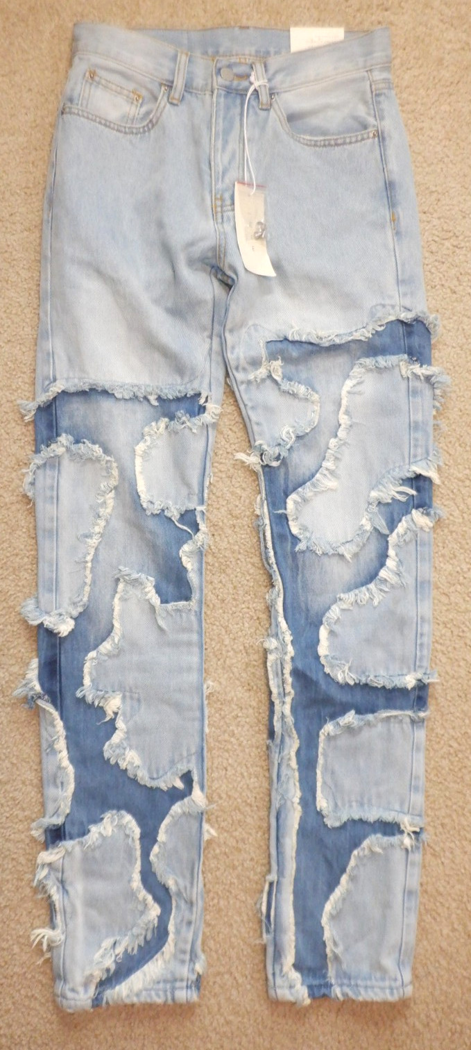 mnml Men’s Light Blue Slim Jeans Denim Distressed Button Zip 5-Pocket, 28 x 34
