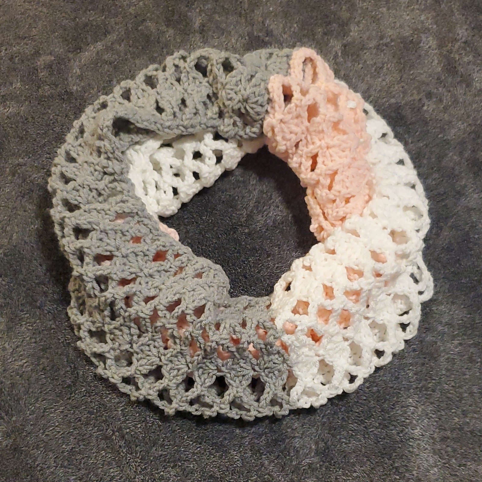 Gray White Pink Colorblock Crocheted Acrylic Women’s Infinity Loop Scarf