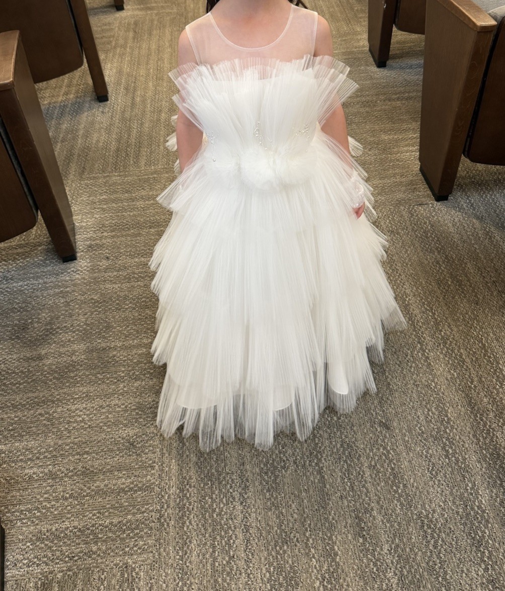 Girls White Tulle Layered A-Line Long Dress, Sleeveless Round Neck, 6 and 4