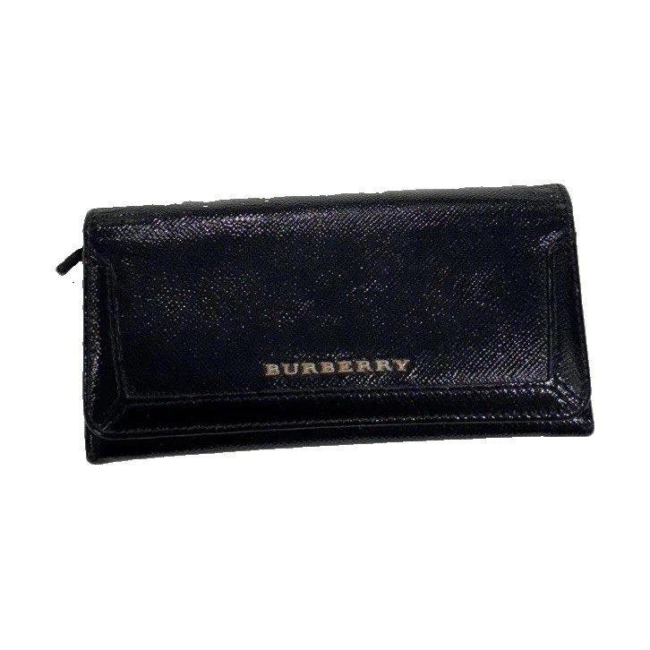 Burberry Black Bifold Wallet Logo Zip Coin Pocket Snap Closure Credit Card