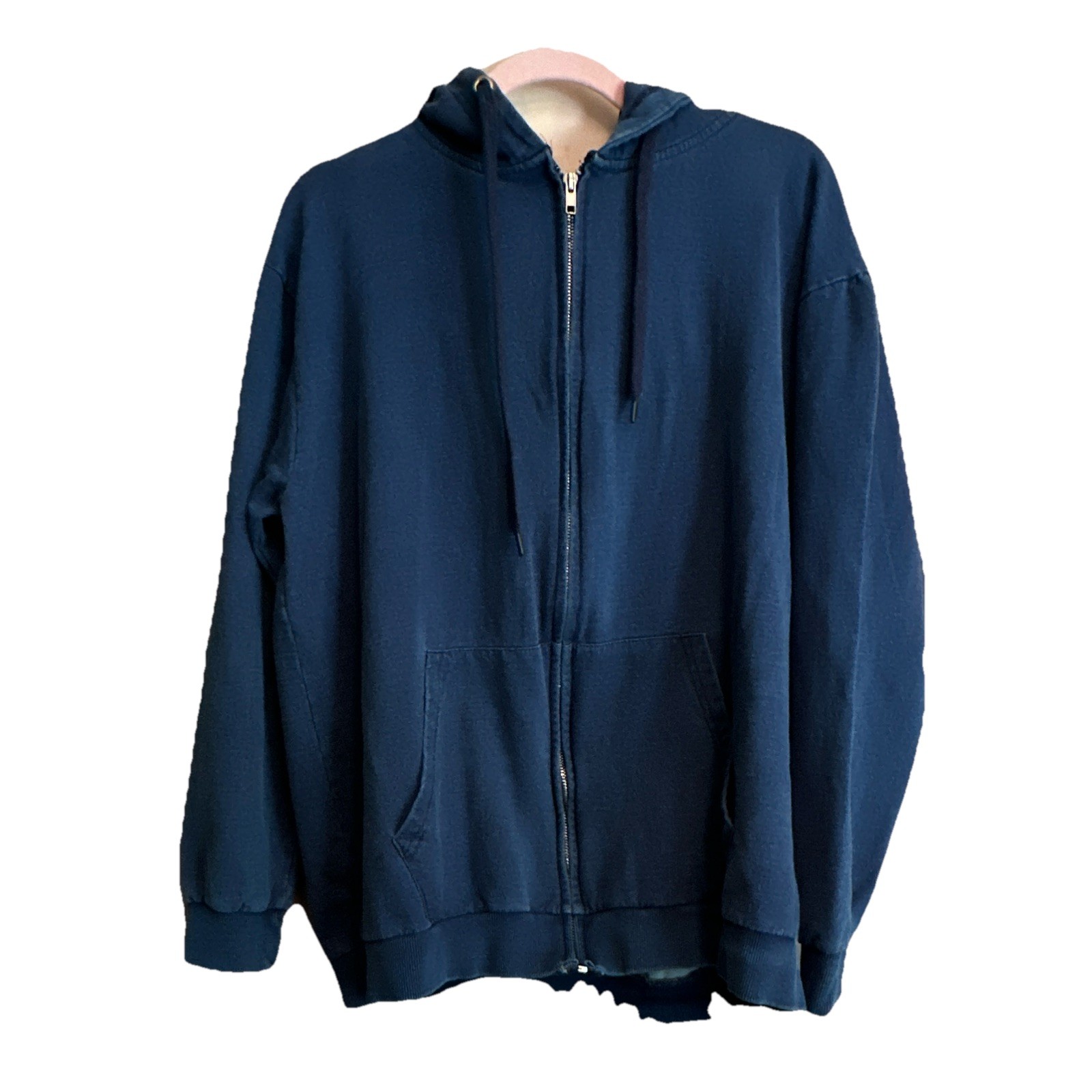 Men’s Blue Full Zip Hoodie Cotton Pockets USA Flag Embossed Back L
