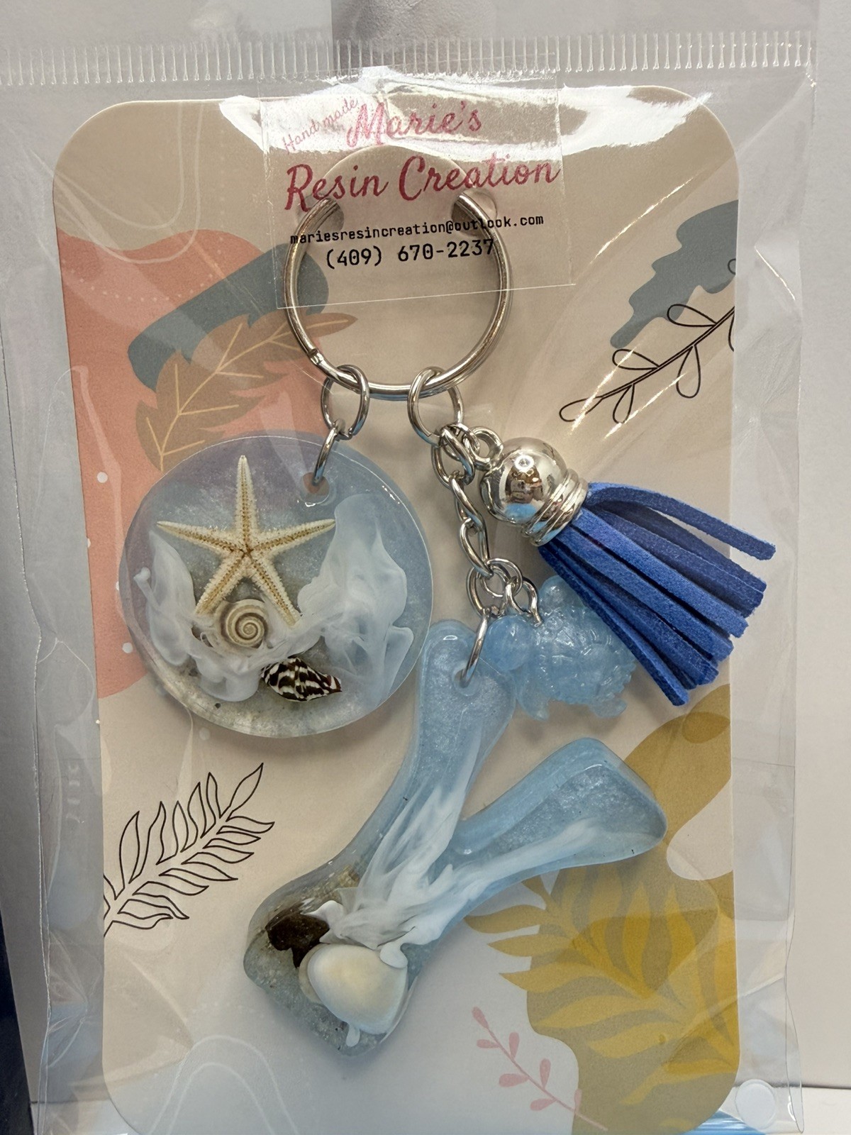 Custom made keychain Beach Theme Baby Blue Resin Keychain.