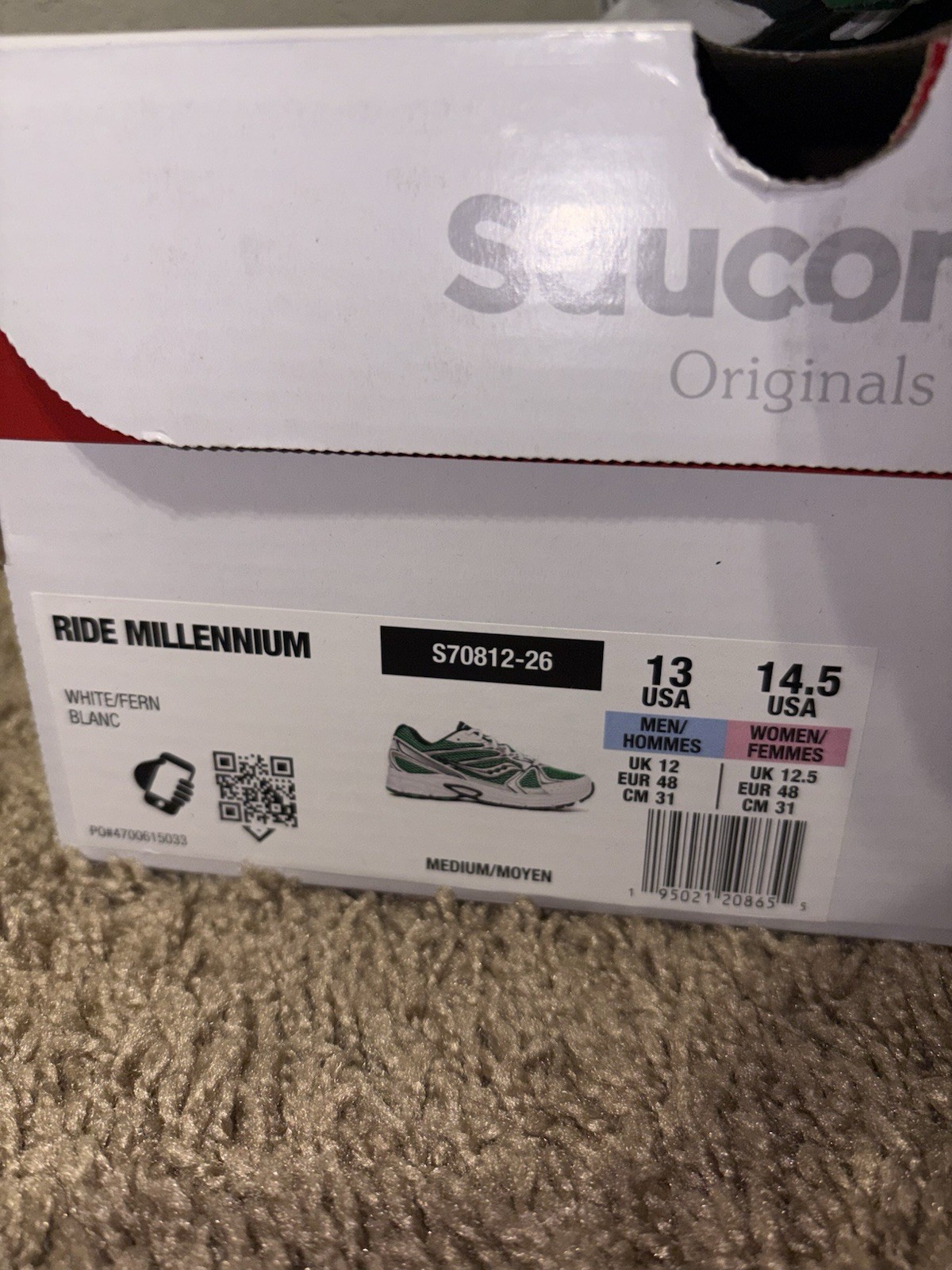 Saucony Ride Millennium White Fern Mens Size 13 BRAND NEW