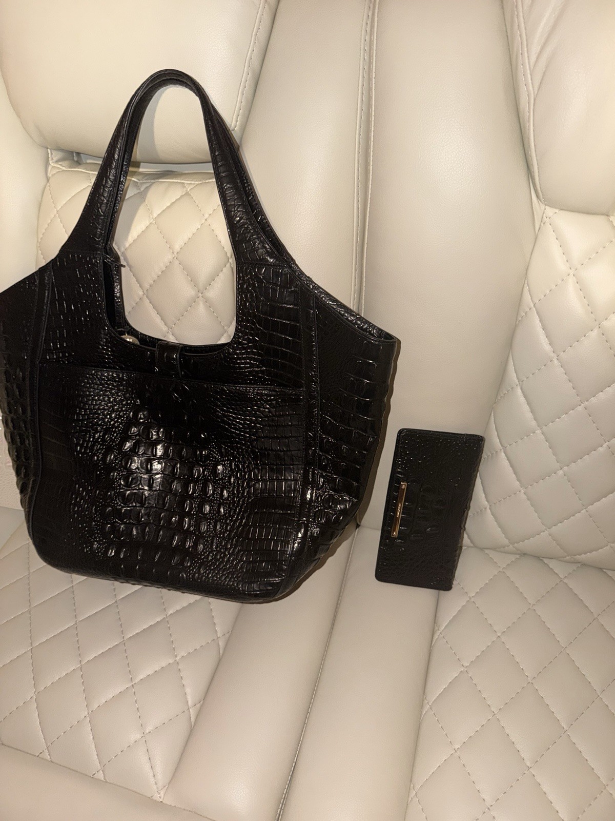 Black Crocodile Embossed Small Trapezoid Satchel Top Handle Bag w/ Hang Tag