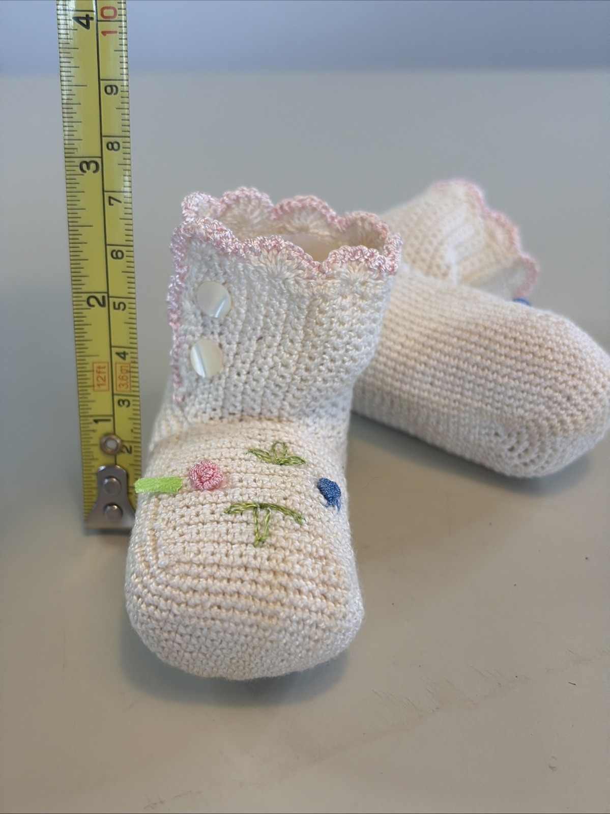 Vintage Hand Crocheted Ivory Pink Blue Flower Infant Booties