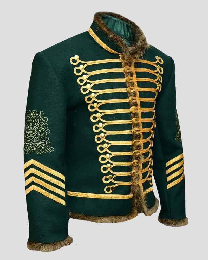 Premium Jimi Hendrix Style Green & Gold Hussar Military Parade Jacket with Fur T