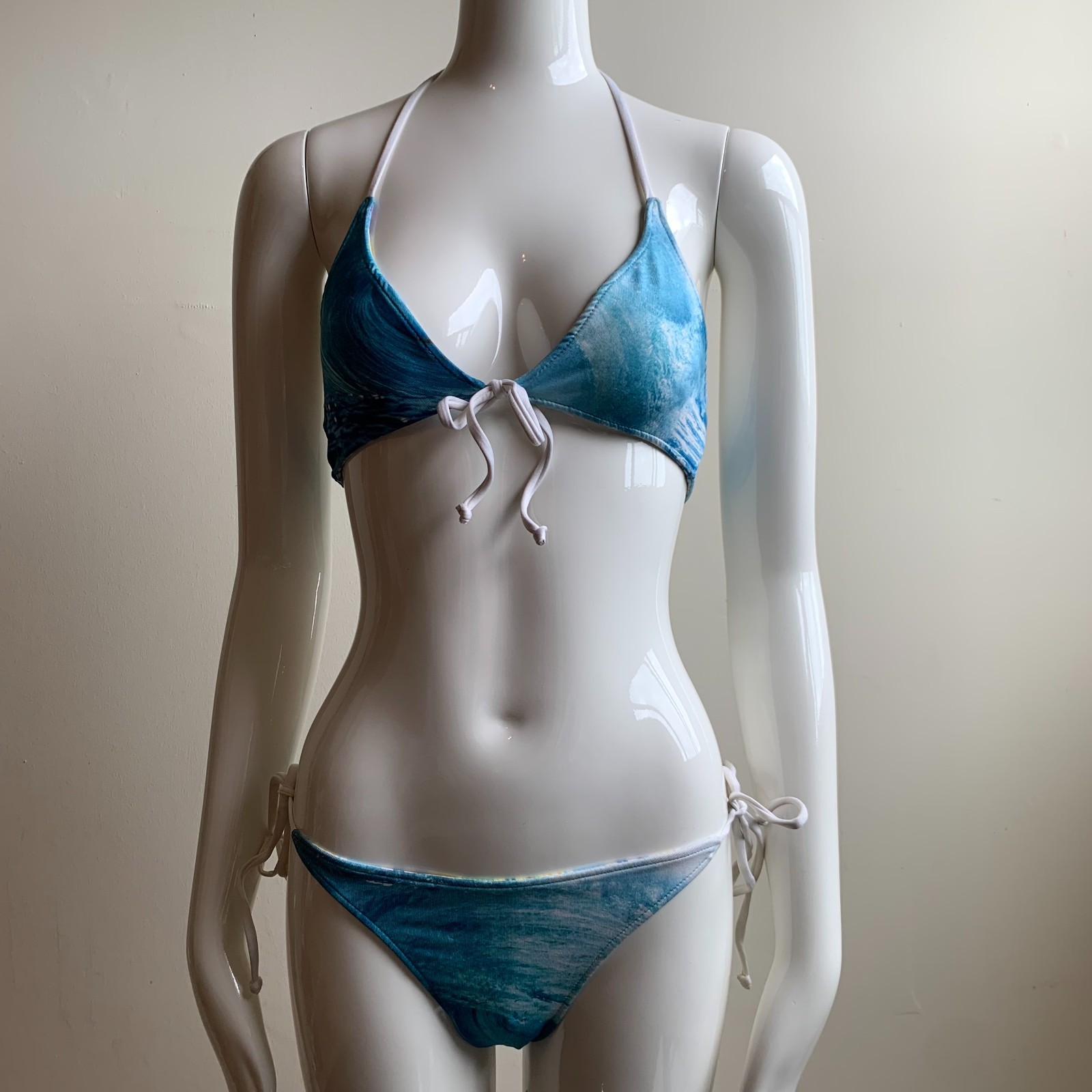 Aaron Chang blue ocean wave print reversible to plaid bikini