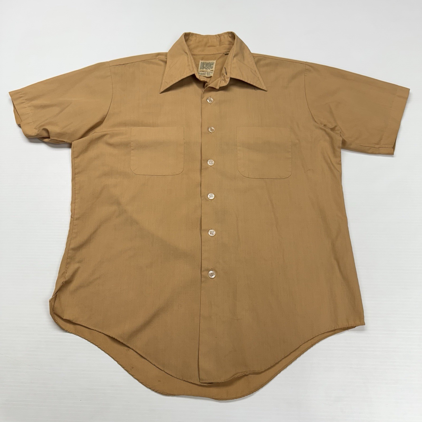 Vtg 70s Carriage House Mens Single Needle Tailored Button Down Shirt Tan 15 1/2