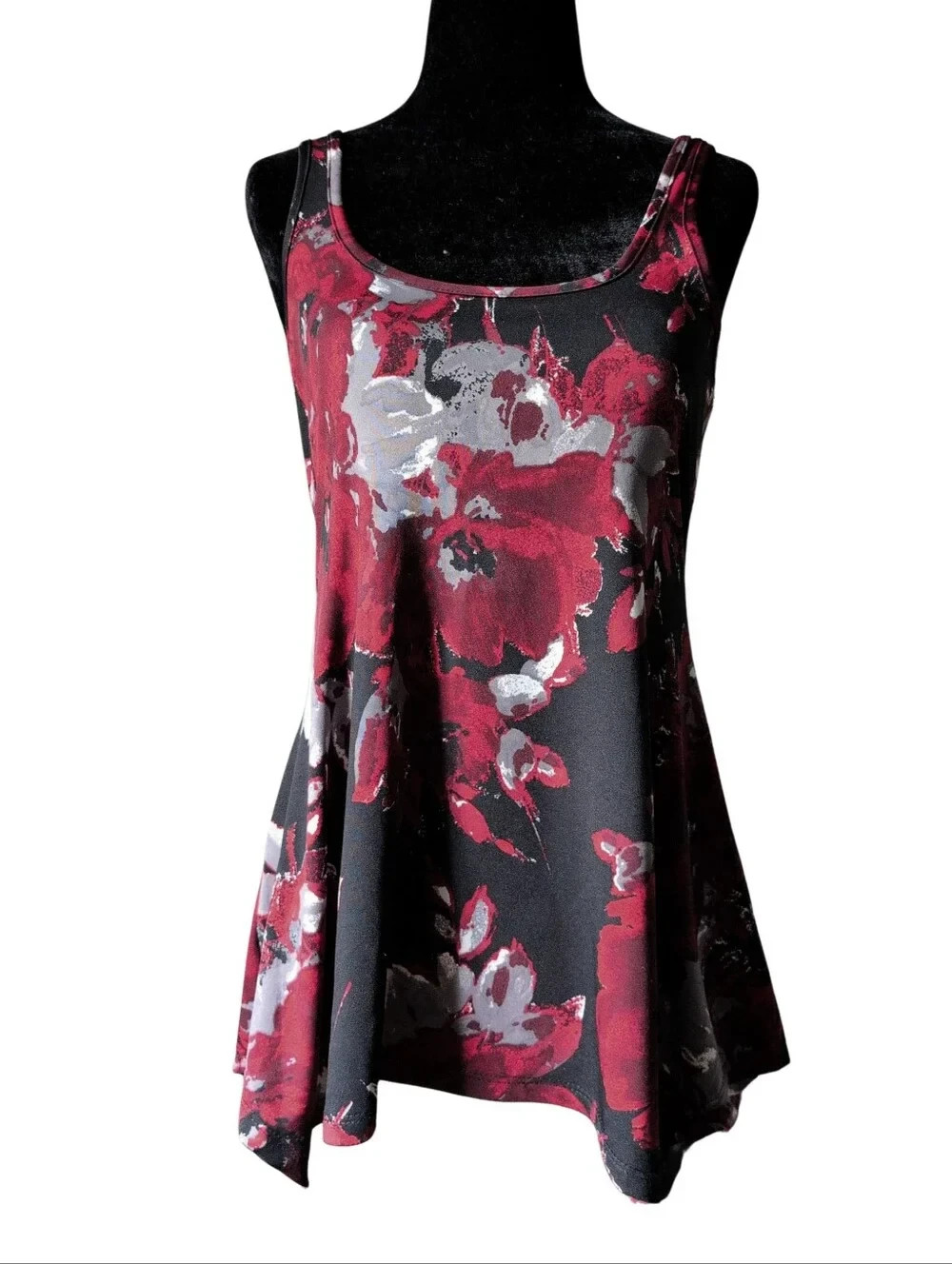 Eclipse Womens Floral Handkerchief Hem Tank To Exrta Small Black Red Stretch