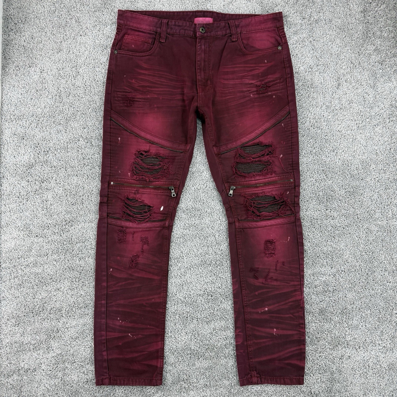 Smoke Rise Moto Jeans Men’s 38×32 Maroon Paint Splatter Distressed Grunge