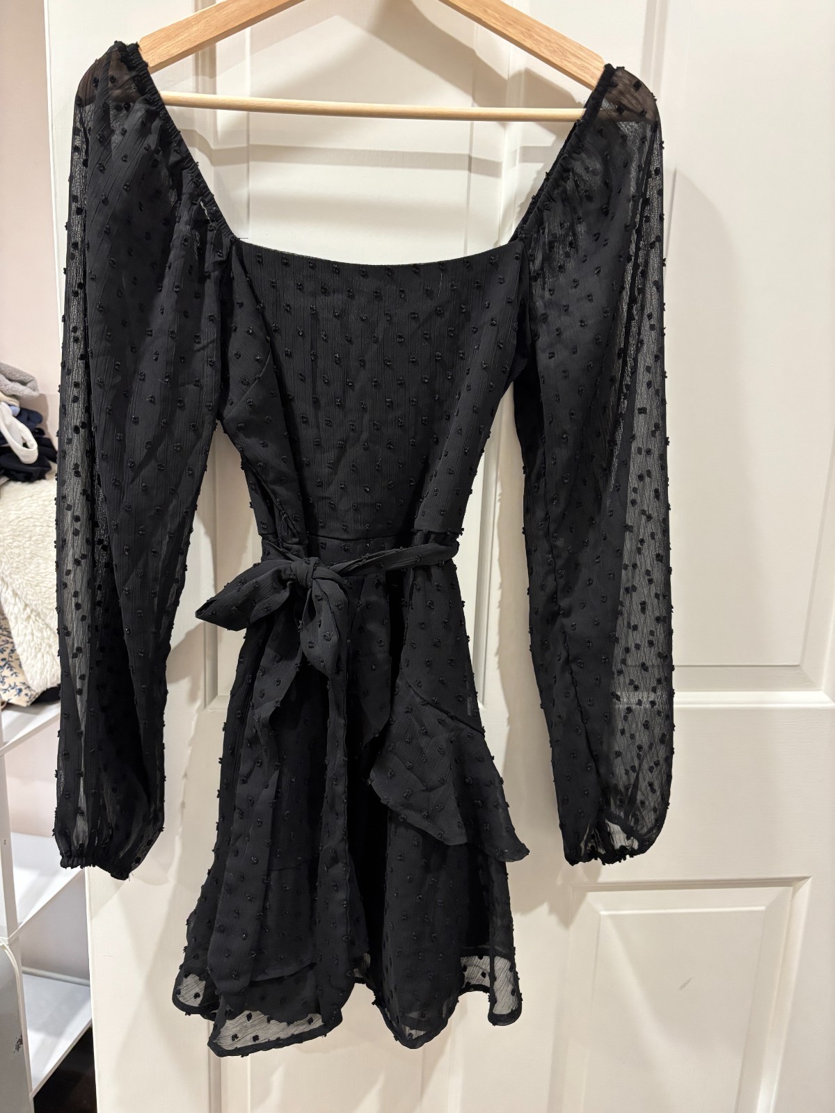 Mi Ami black poka dot mini dress with sheer sleeves/square neckline in size smal