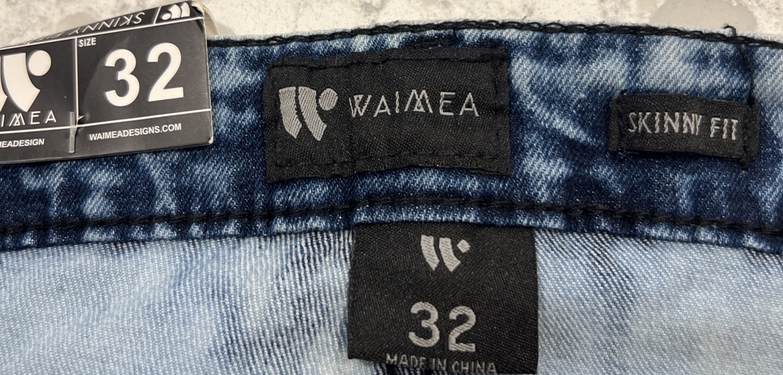 WAIMEA Lt. Blue/White Stripe Distressed Stretch Denim Mens Skinny Fit 32×32 NEW
