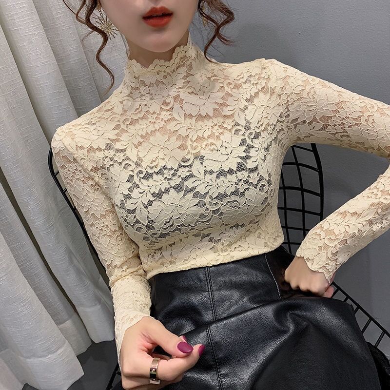 Half High Collar Lace Bottomed Blouse Mesh Hollow Out Long Sleeve Shirt Plush