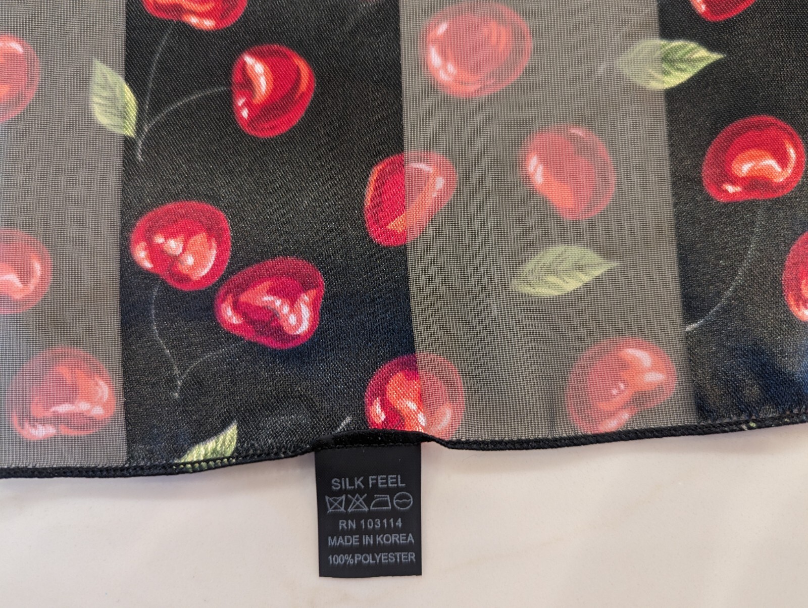 NIB – Silk Feel Scarf in Red, Black & Green Cherry Print – 12.5″x58″ -Polyester