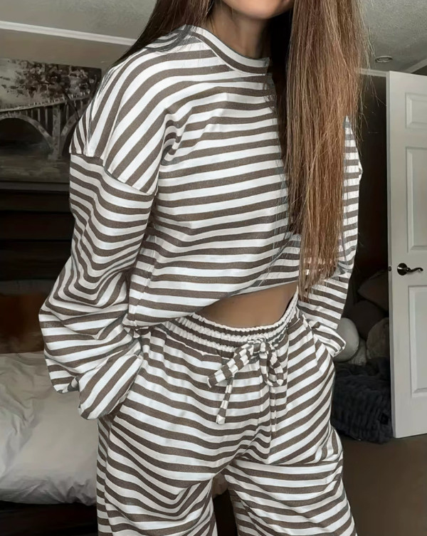 Unisex Striped 2Pcs Lounge Set Long Sleeve Top High Waist Pants