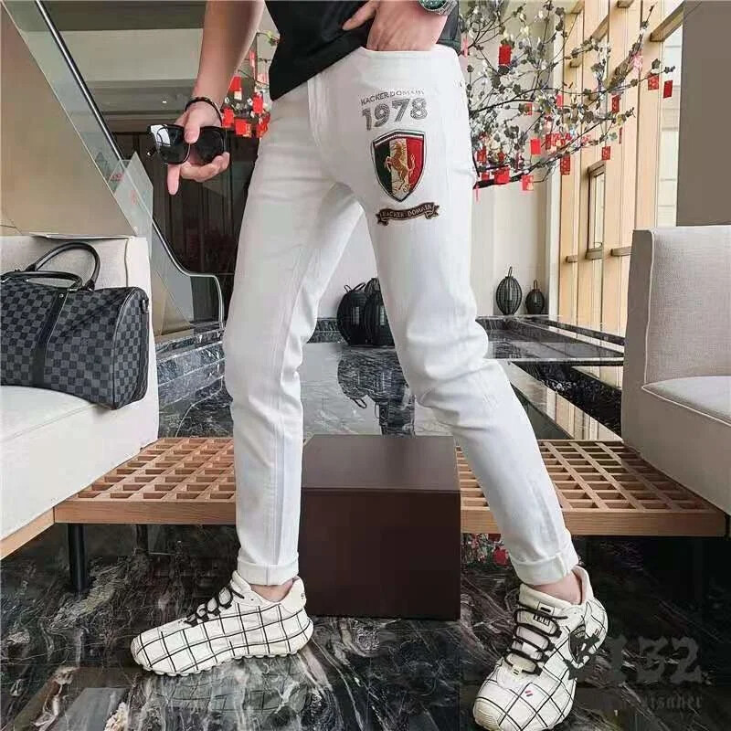 New Men Luxury White Fashion Jeans Diamond Horse Rhinestones High Quality