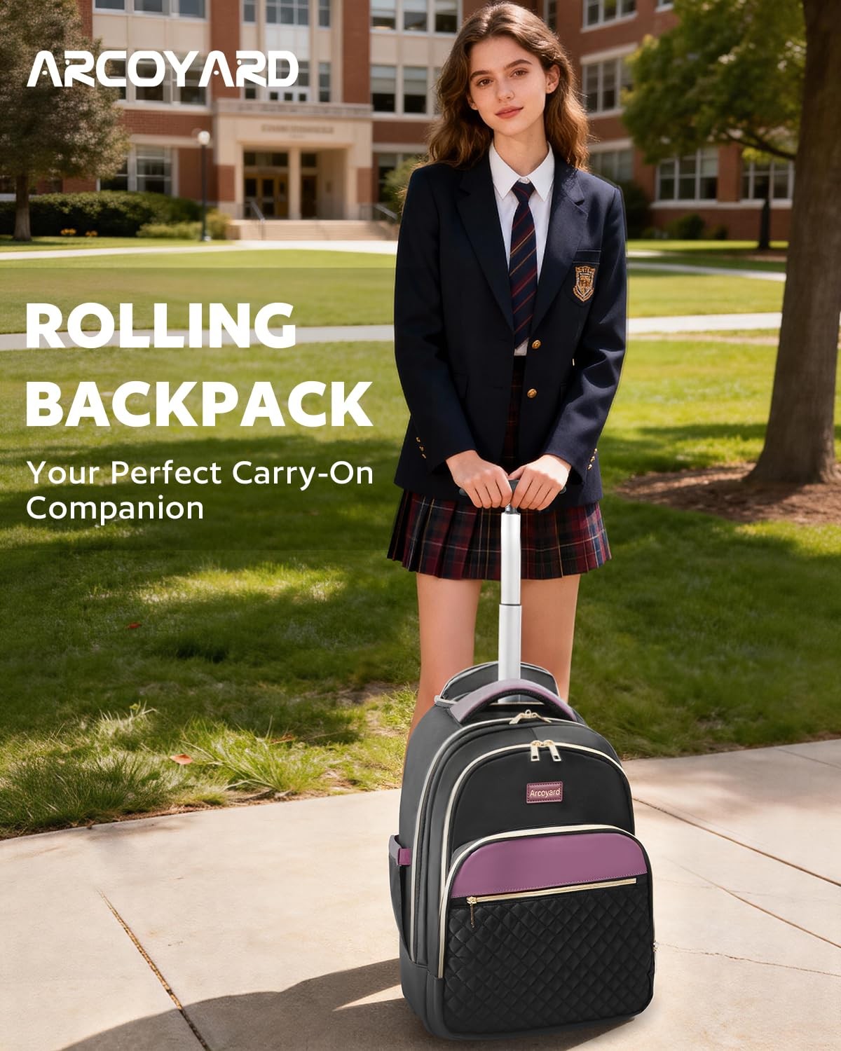 Arcoyard Rolling Backpack, 17 Inch Laptop With Wheels for Women, Black Purple