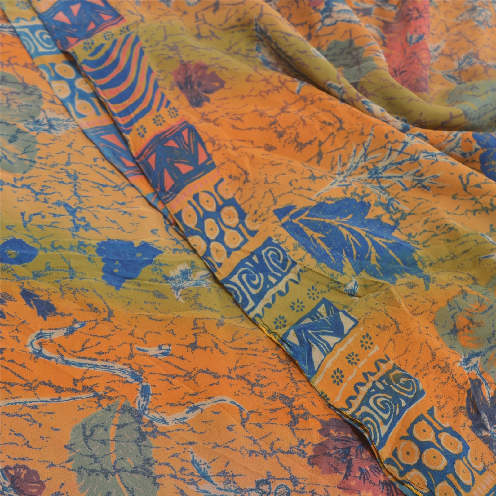 Sanskriti Vintage Saree Multicolor 100% Pure Crepe Floral Print 5+YD Sari Craft
