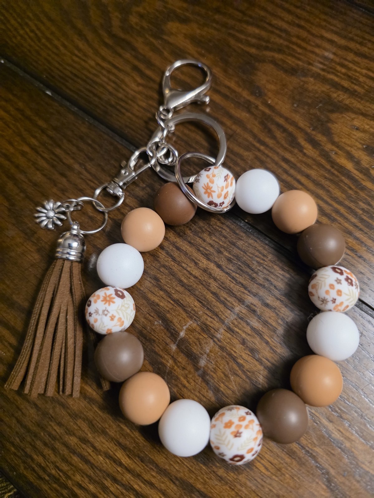 Boho Wristlet Keychain Silicone Bead Earth Tone Brown White Key Ring