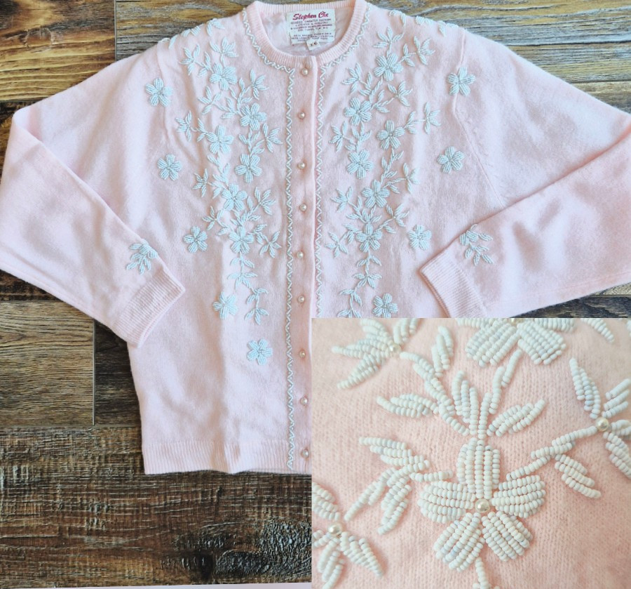 Vintage Stephen Chu Beaded Pearl Rabbit Hair Lamswool Cardigan Lined Pink Sz.36