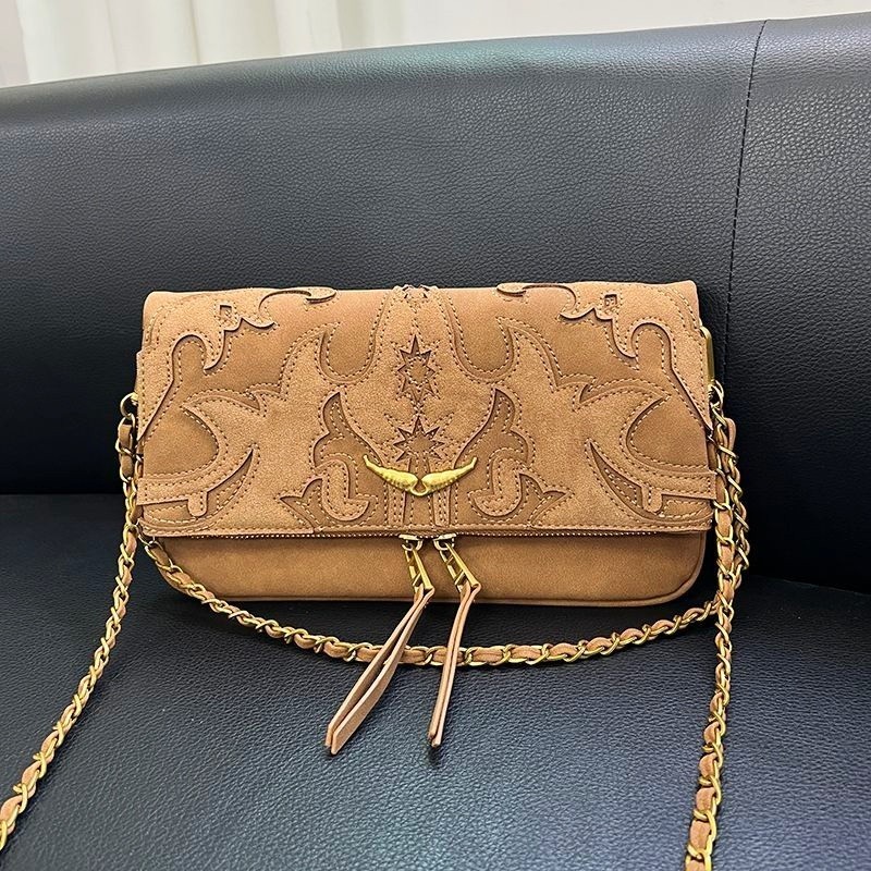 Zadig & Voltaire Rock Wing Camel Suede Bag Western Embroidery Crossbody 27x15cm