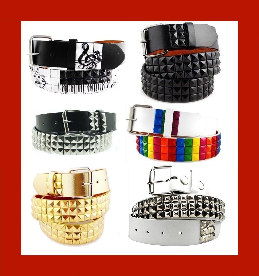 Various Unisex 3-Row Metal Pyramid Studded Leather Belt Mens Womens Punk Rock