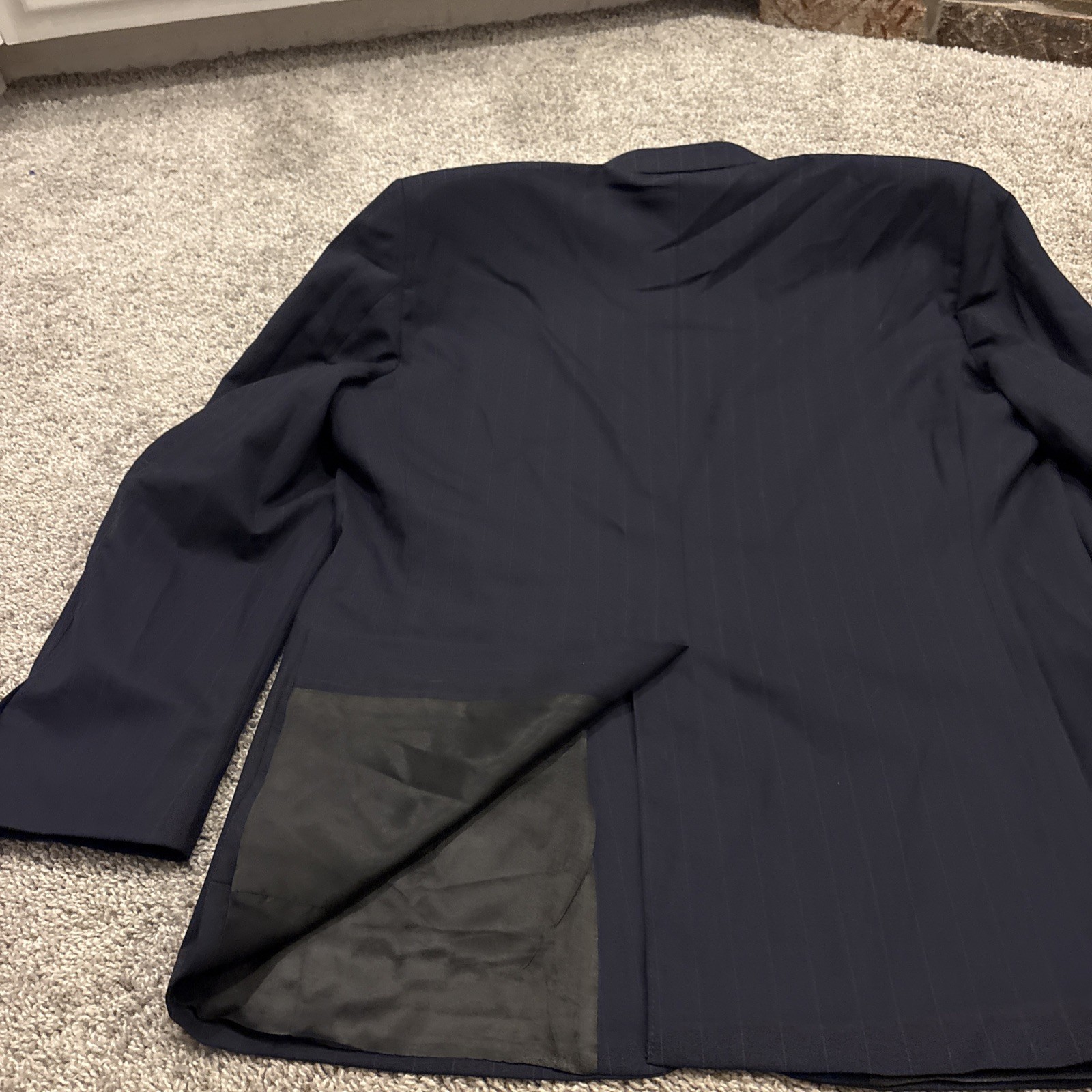 Tom James Mens 42R Pinstripe 2 Piece Suit Blue Corporate Image Pleated 36×32