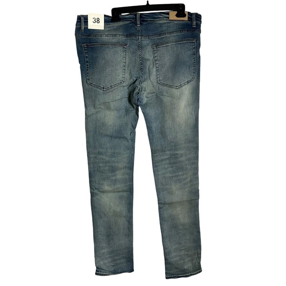 MNML Stretch Moto Denim Jeans Men Size 38 Blue Distressed Ripped Pants NEW