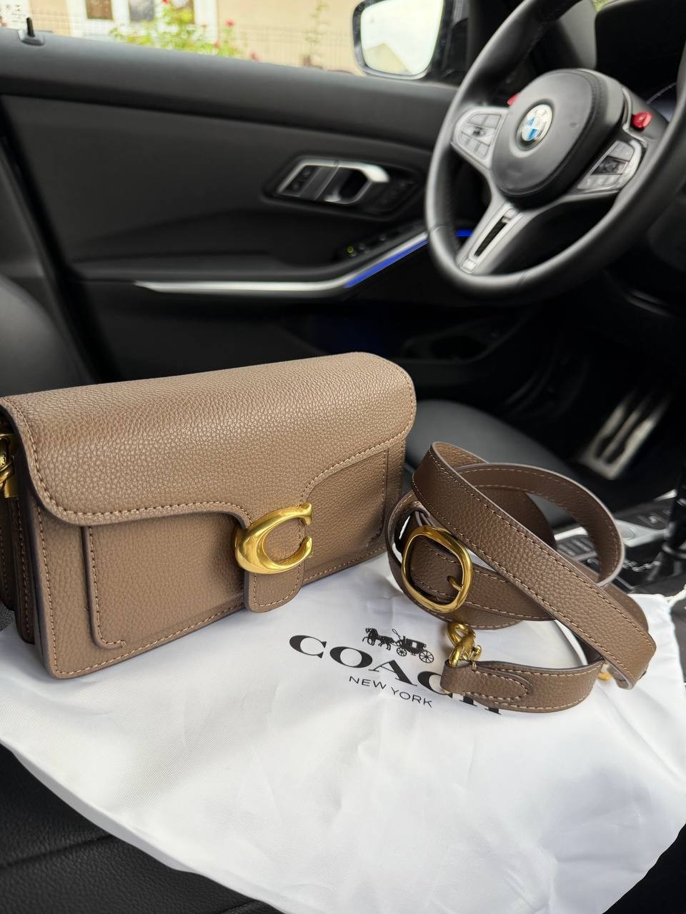Coach Tabby Leather Shoulder Crossbody Bag Taupe Gold Hardware