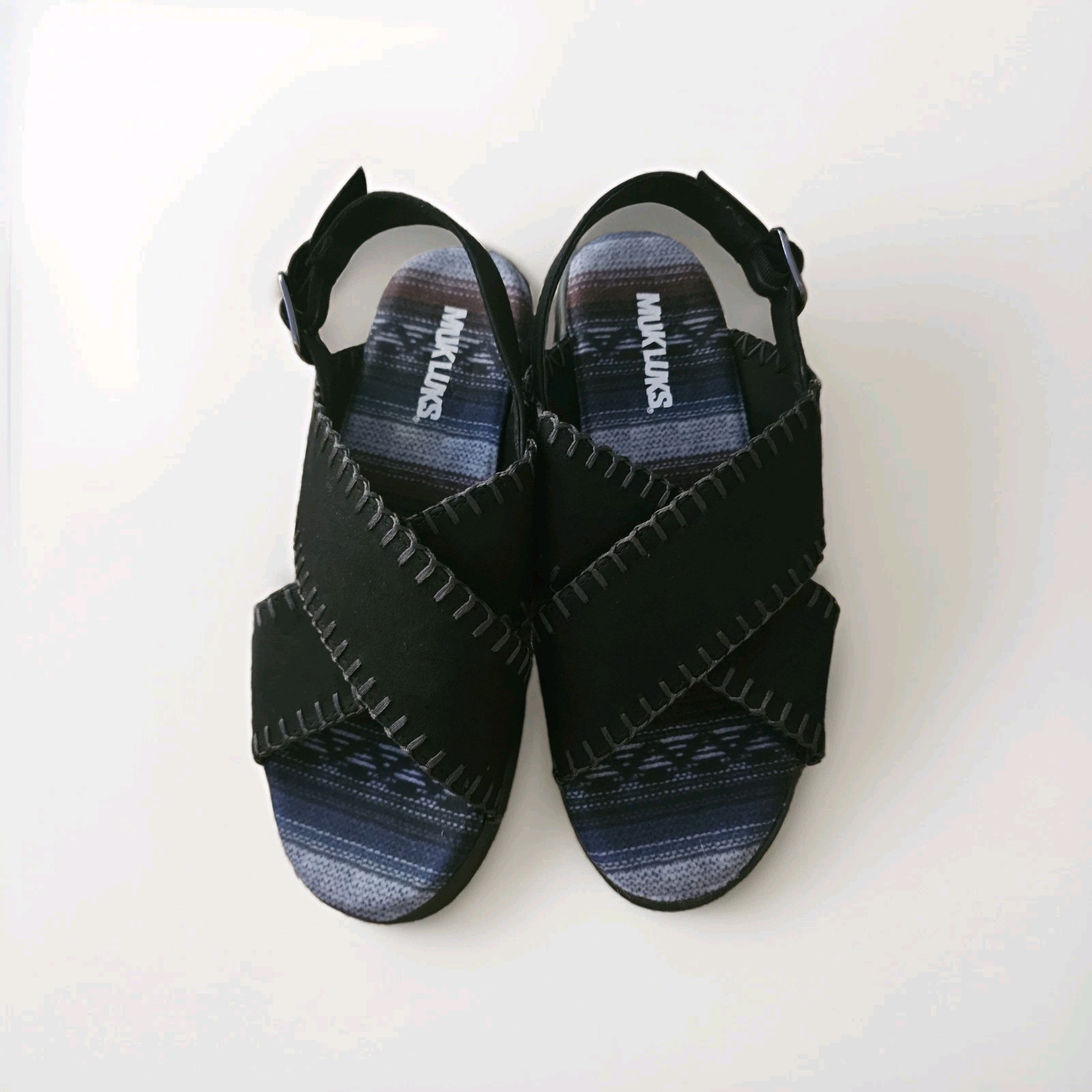 MUK LUKS Women’s Black Faux Suede Wedge Strappy Slingback Sandals 8.5