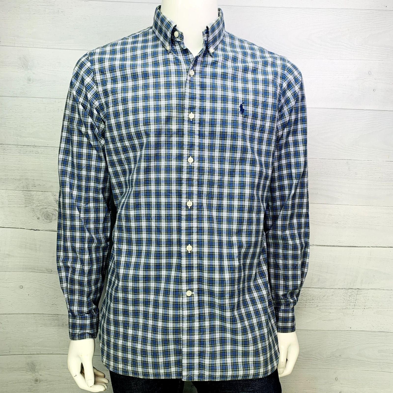 Ralph Lauren Mens Dress Shirt Button Down Blue Green Plaid Size 15.5 – 39 | M