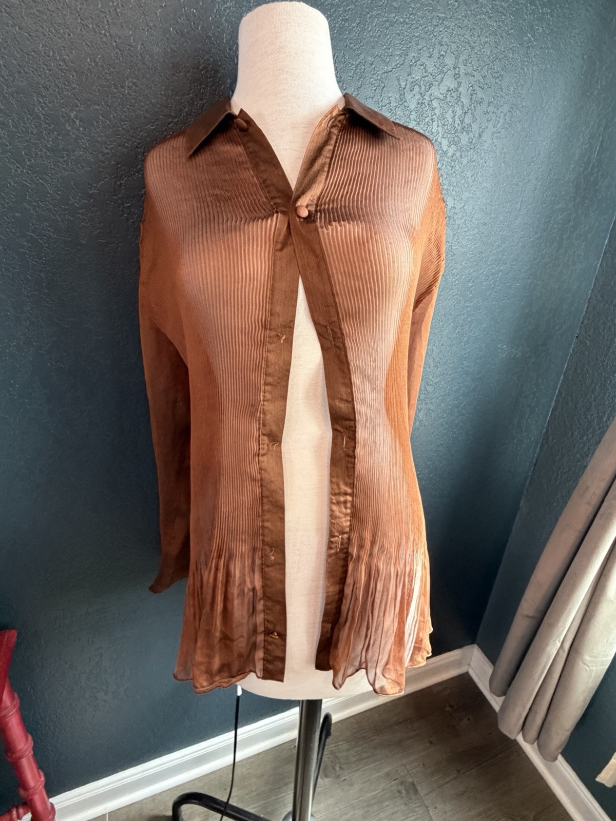 Vivienne Tam Vintage Y2K Sheer Long Sleeve Pleated Crinkle Top Brown Sz 2 (Flaw)