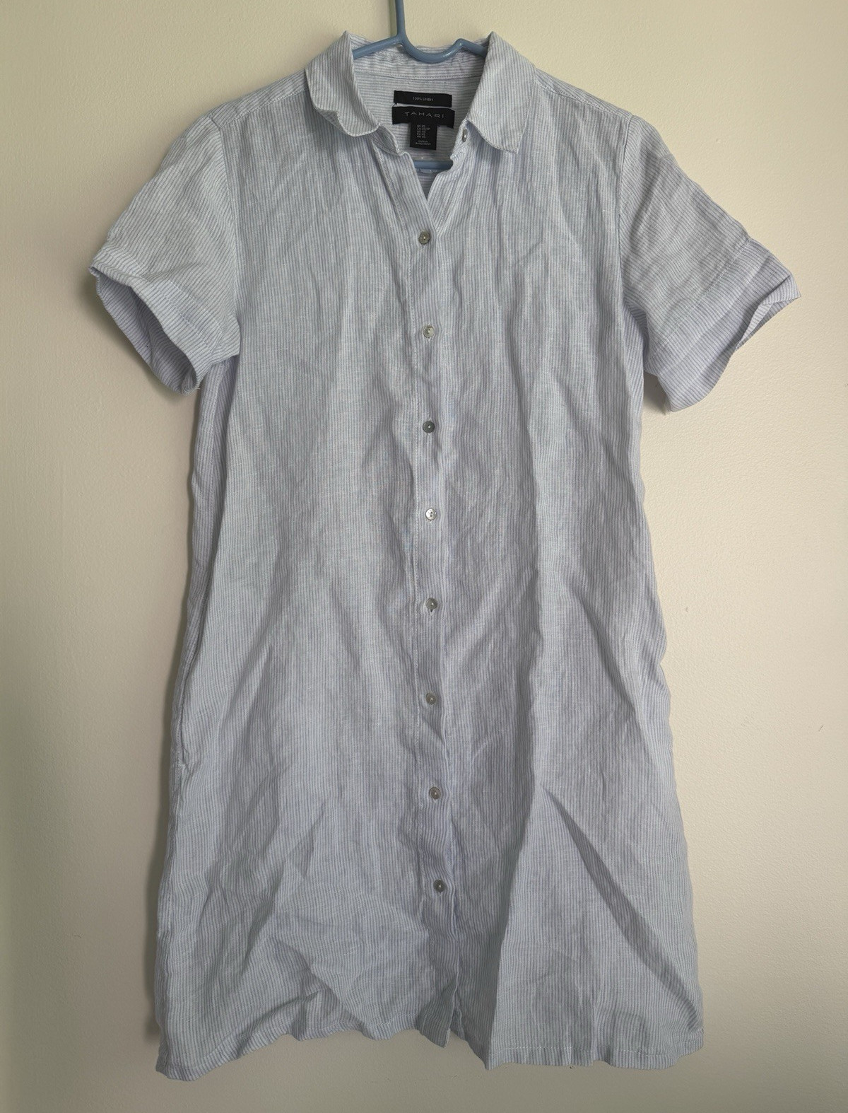Tahari XS 100% Linen Striped Button Front Collared Shirt Dress Blue White