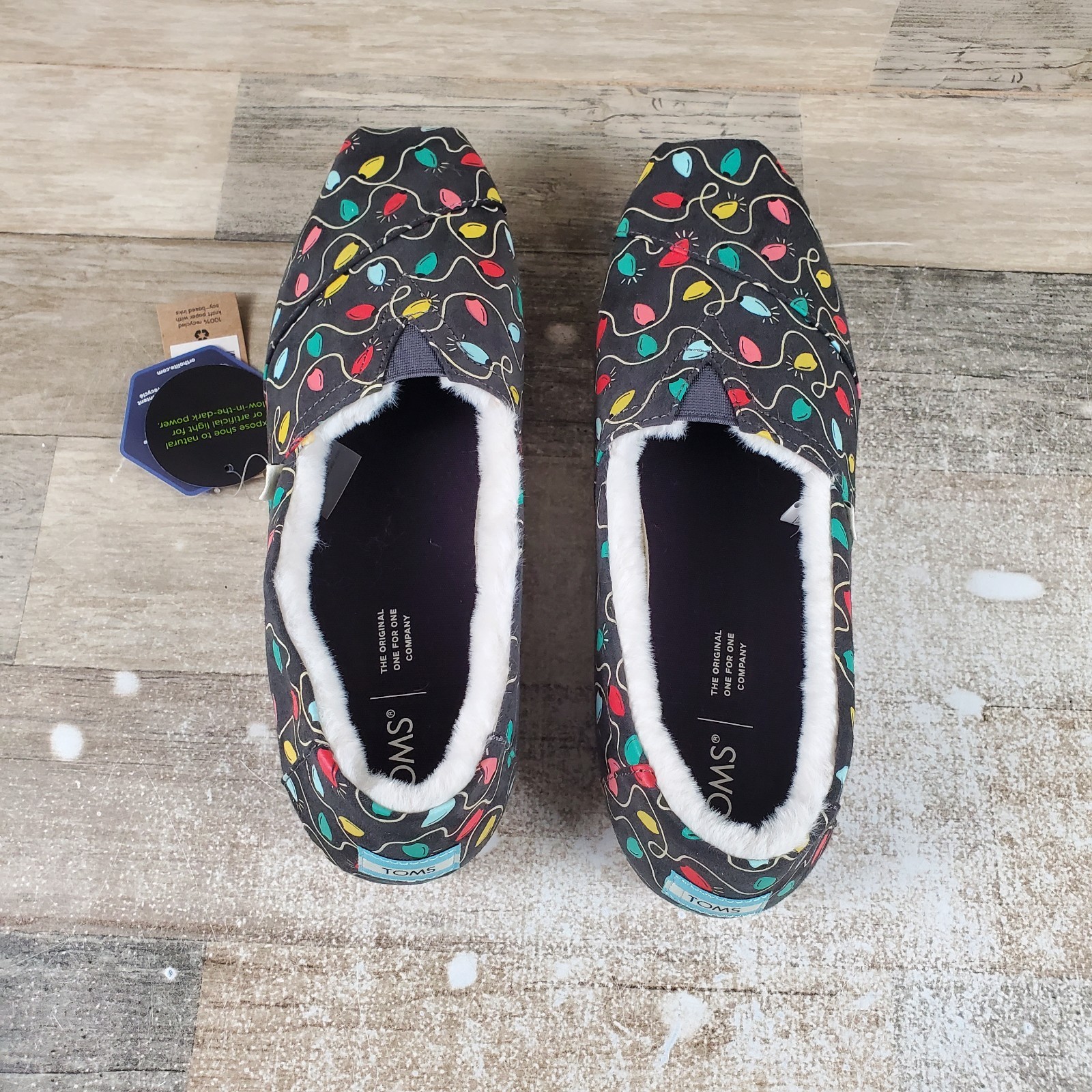 Toms Alpargata Womens Flat Shoes 9.5 Black Forged Iron Tree Lights Print Slip On