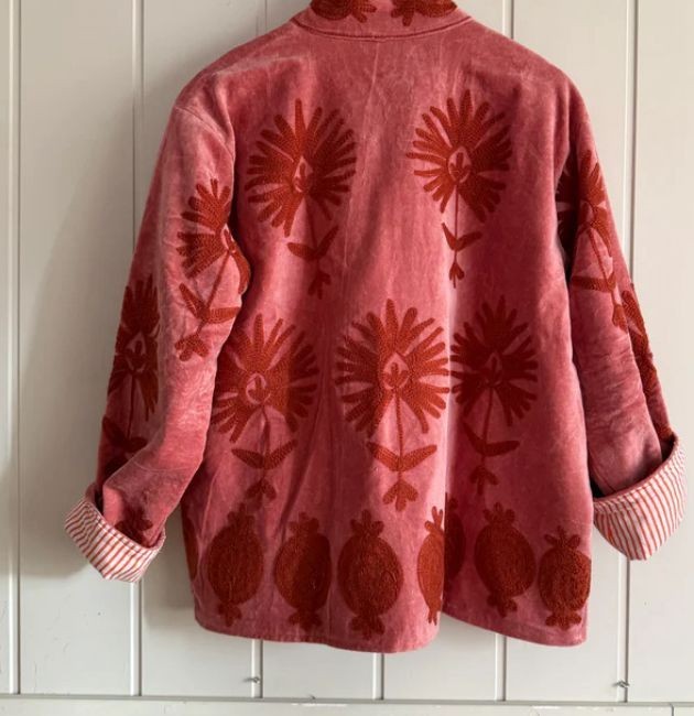 Handmade Red Velvet Embroidered Jacket Boho Floral Festival Wear