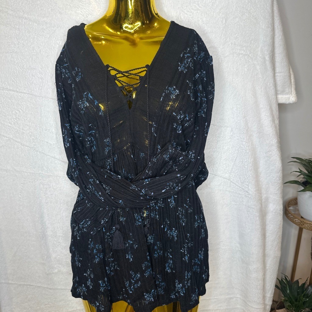 Prairie Boho Lucky Brand Black Blue Floral Crinkle Gauze Lace Up Peasant Top XL