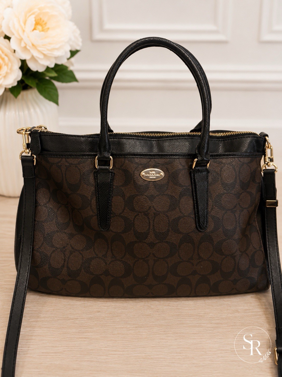 Coach Morgan Satchel F34617 Signature Brown Black Leather Trim Crossbody Bag