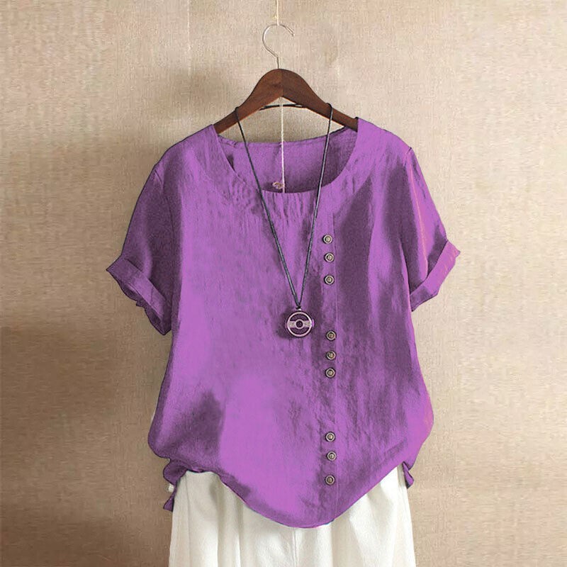 Summer Womens Cotton Linen Tunic Blouse Tops Short Sleeve Shirt Casual