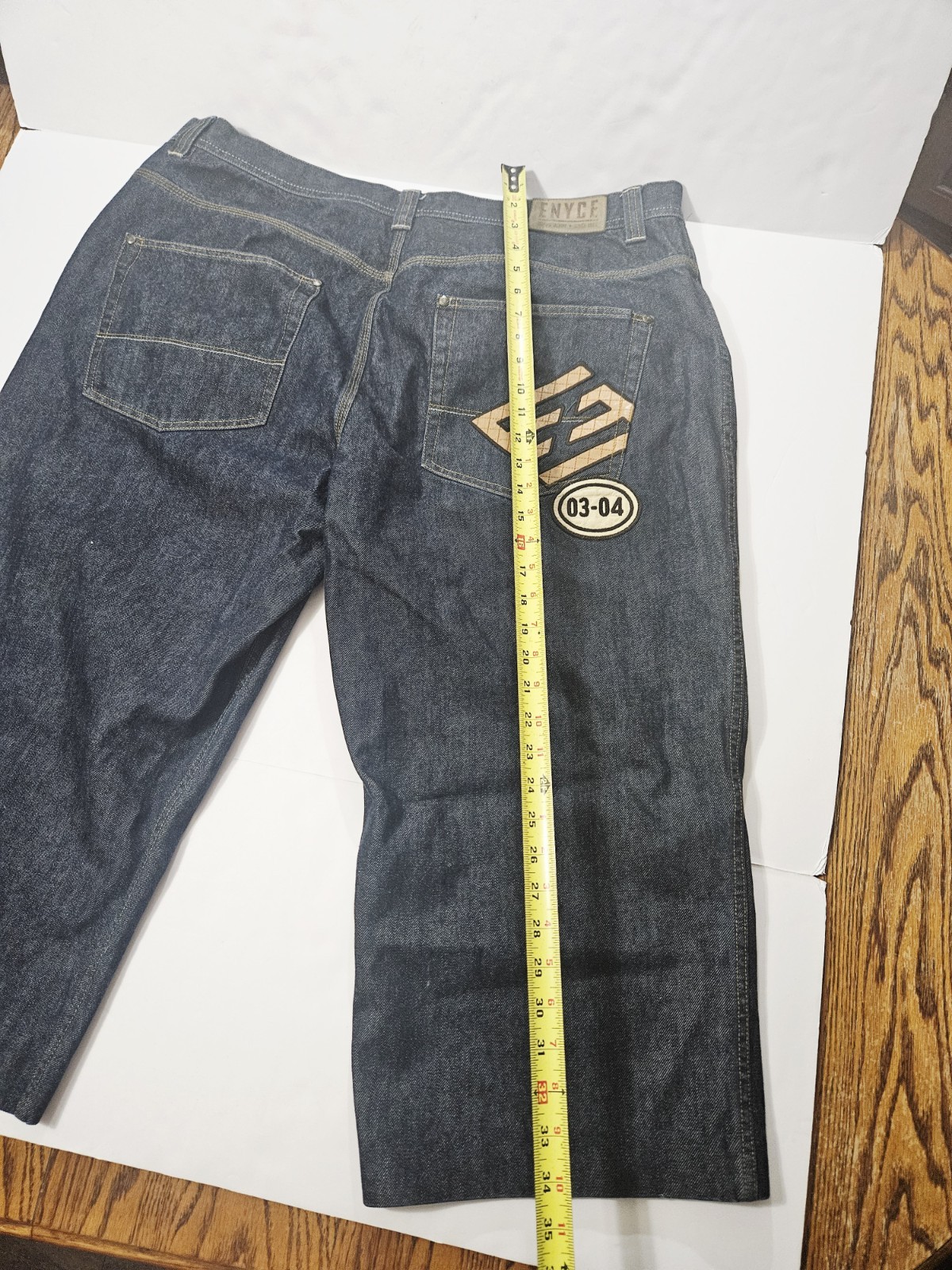 Enyce Dark Wash Leather Cotton Denim Jeans Logo Patch Men’s Size 42 Short Leg