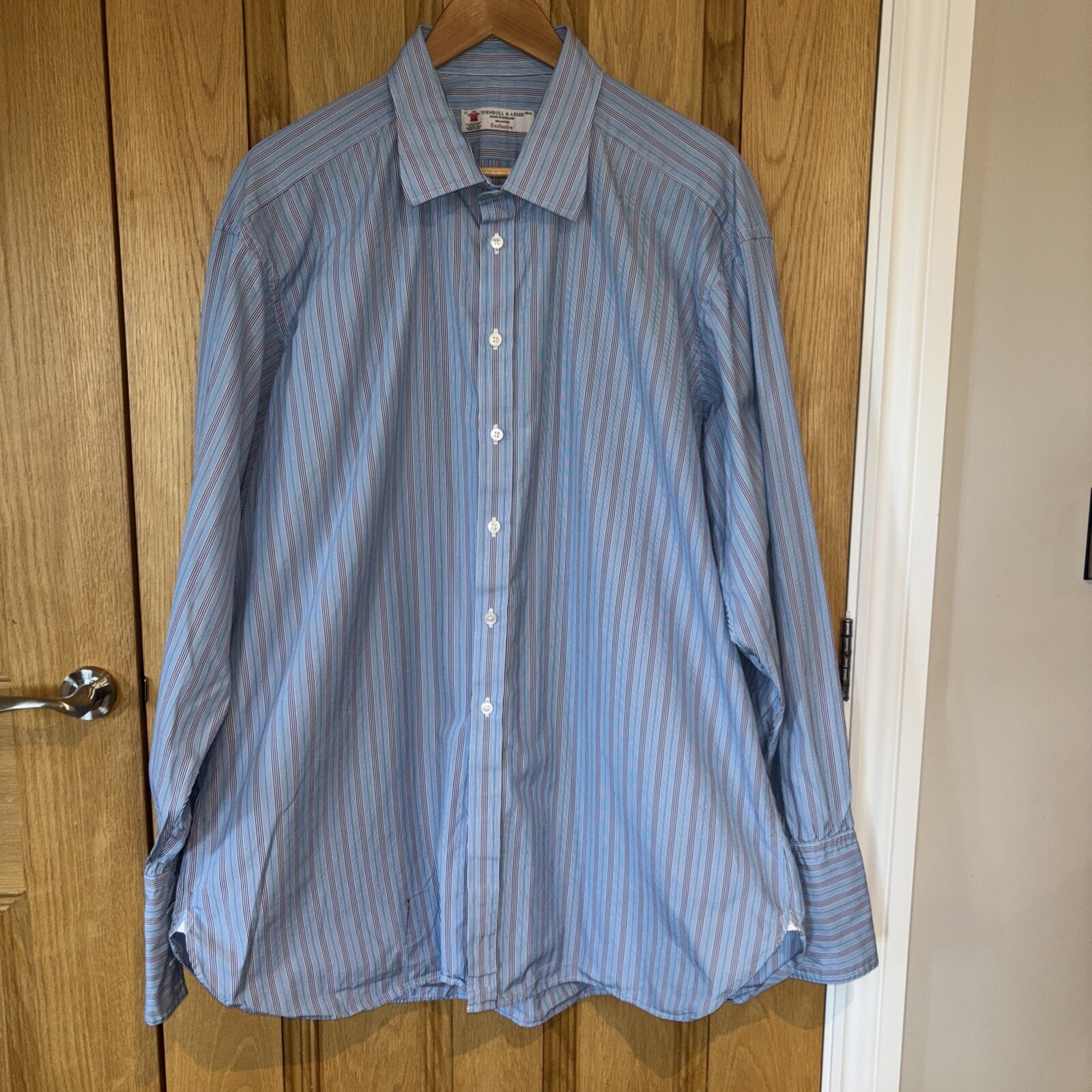 Turnbull & Asser Shirt Classic Blue White Stripe Double Cuff Cotton 19” 48cm