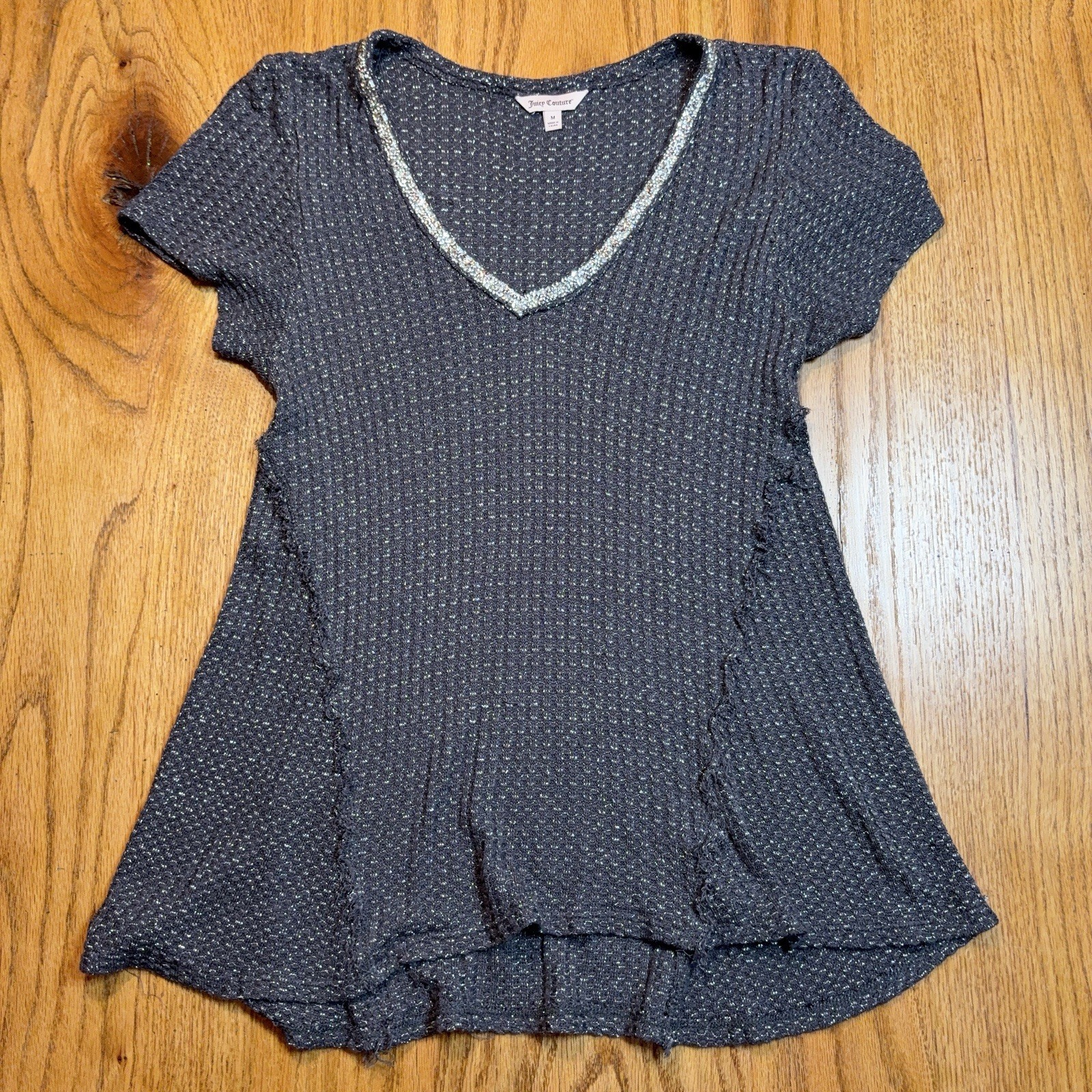 Juicy Couture Rhinestone Collar Knit Top Womens Medium Gray Babydoll Y2K