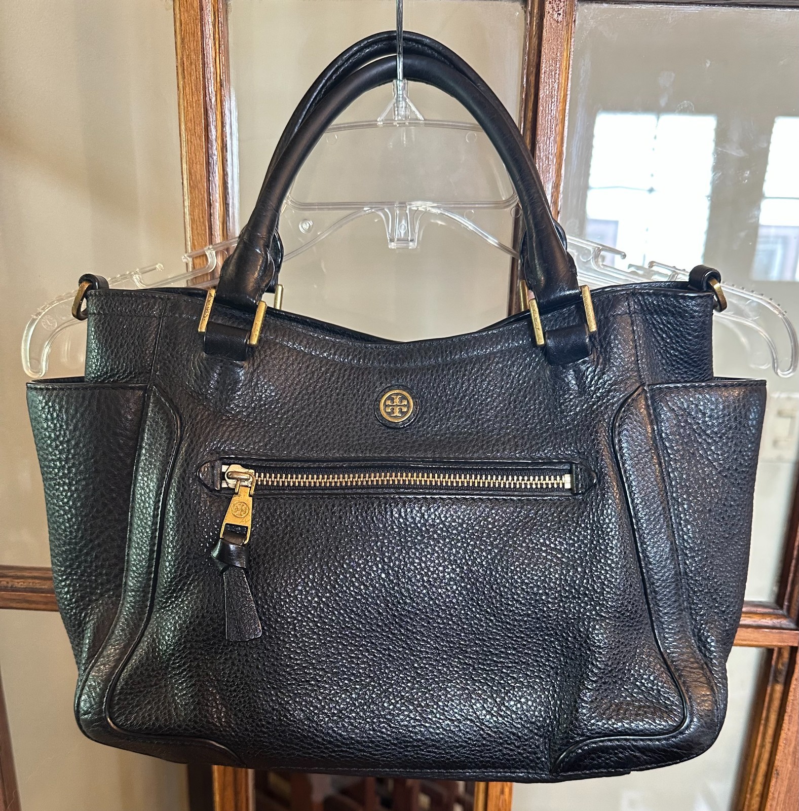 Tory Burch Frances Black Pebbled Leather Satchel/Handbag/Tote/Crossbody Purse