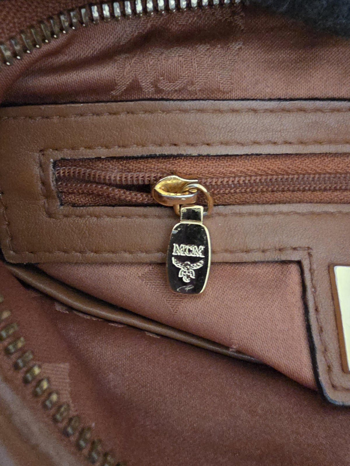 MCM Cognac Monogram Small Flat Shoulder Crossbody Bag AUTHENTIC