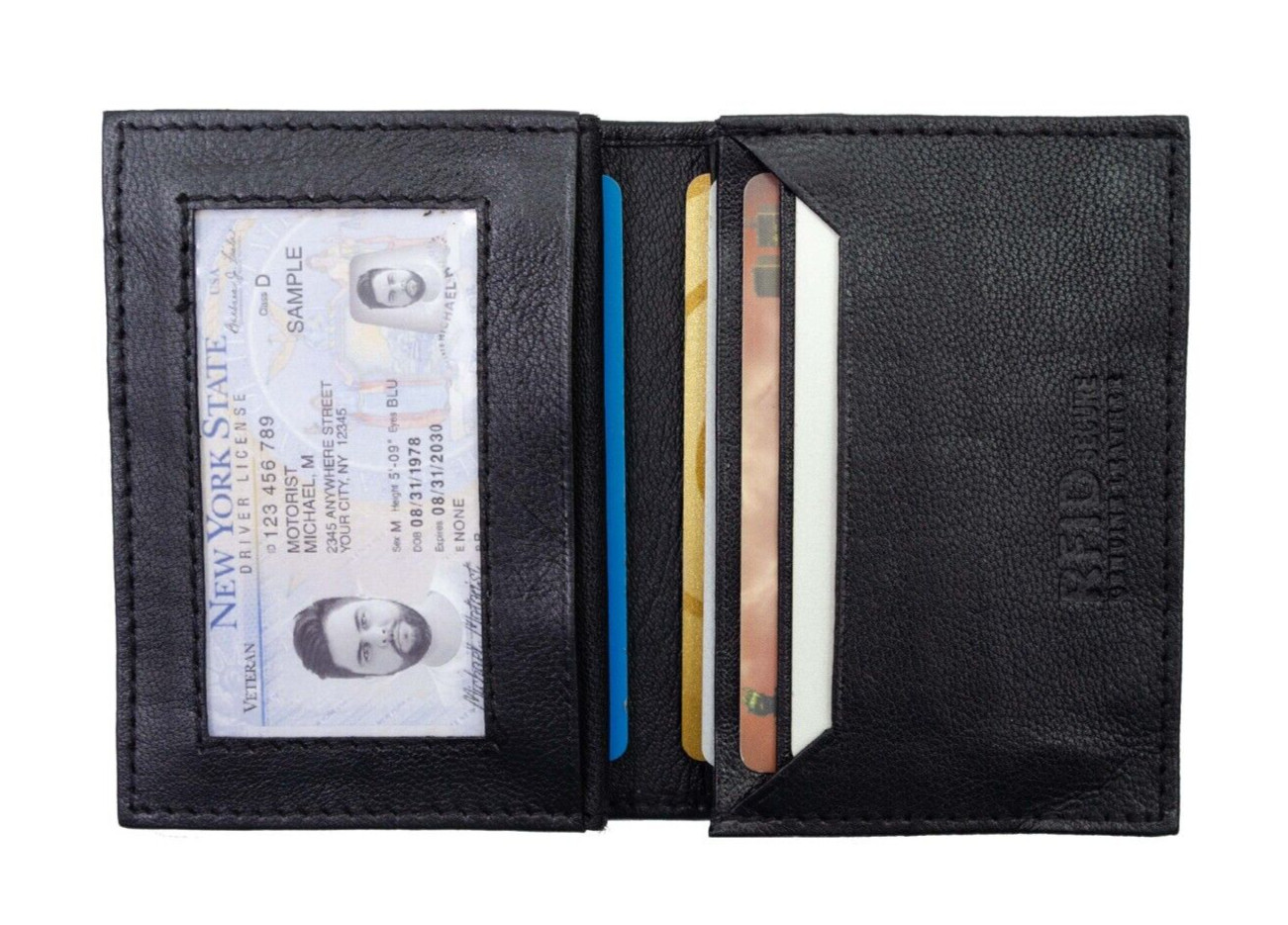 Black Mens GENUINE LEATHER Bifold ID Credit Card Holder with RFID Blocking