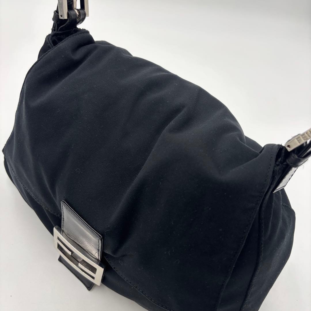 FENDI Mamma Baguette 26325 Shoulder Bag Black Leather Cotton Jersey
