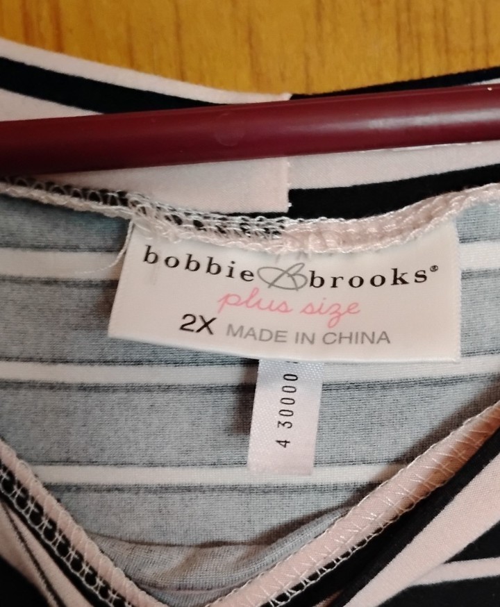 Bobbie Brooks Women’s Plus 2X Black/White/Gray Striped SS Round Neck Tee